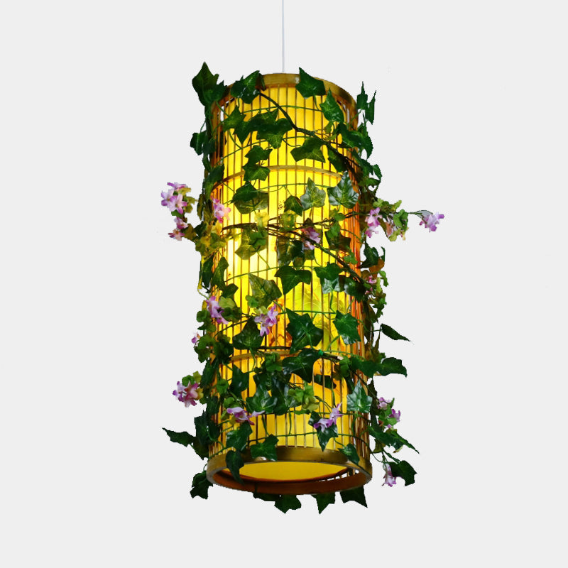 Green Cylinder/Cone/Oval Pendant Lighting Industrial Bamboo 1 Head Restaurant LED Hanging Light with Plant, 8"/14"/19" W