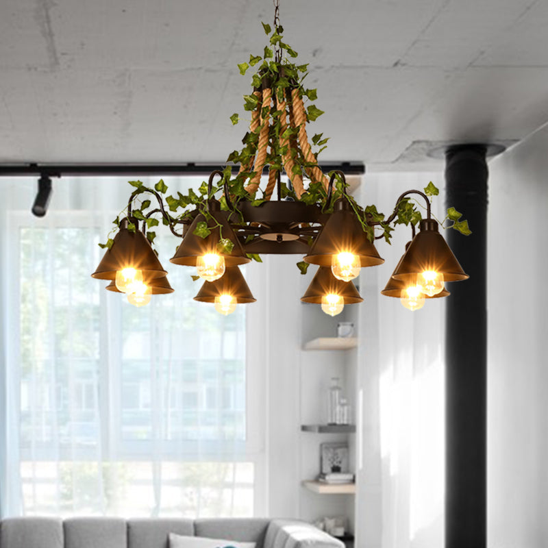 Black 6/8 Heads Chandelier Lighting Industrial Metal Tapered LED Plant Suspension Pendant for Restaurant