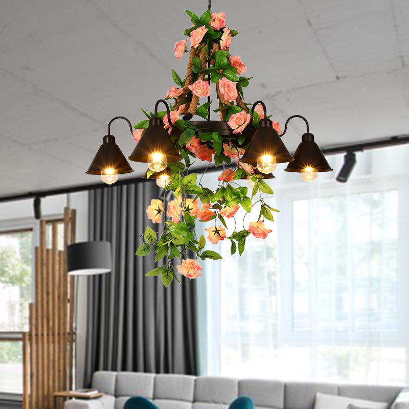 Metal Cone Chandelier Lamp Industrial 6/8 Lights Restaurant LED Ceiling Pendant in Black with Flower Decoration