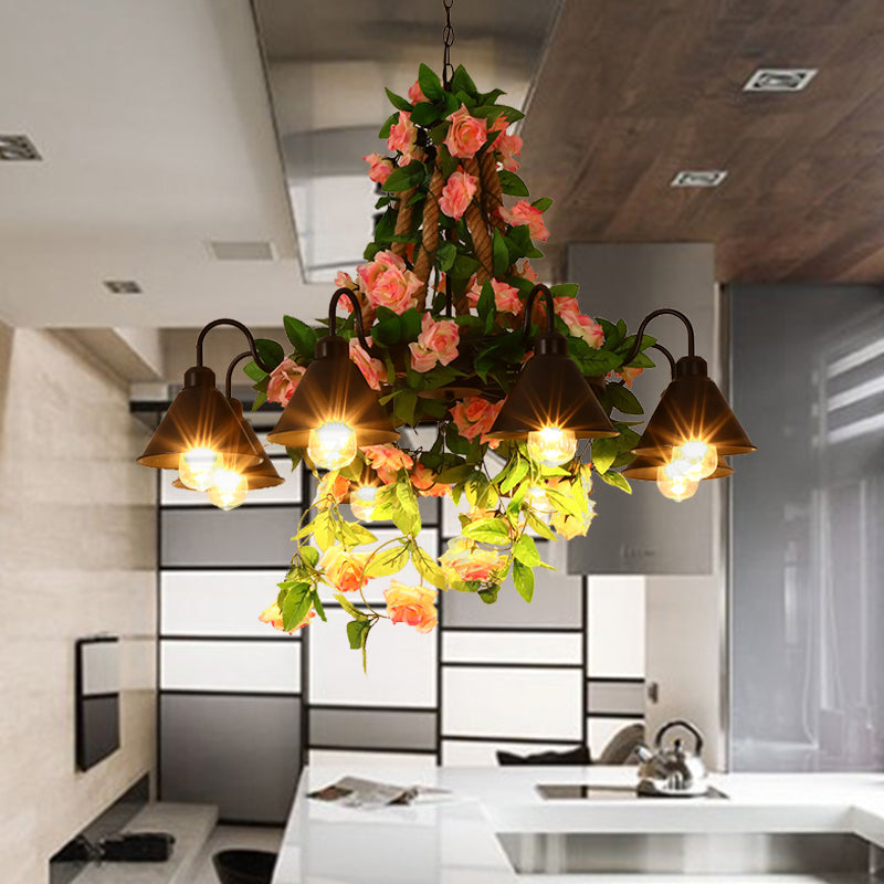 Metal Cone Chandelier Lamp Industrial 6/8 Lights Restaurant LED Ceiling Pendant in Black with Flower Decoration