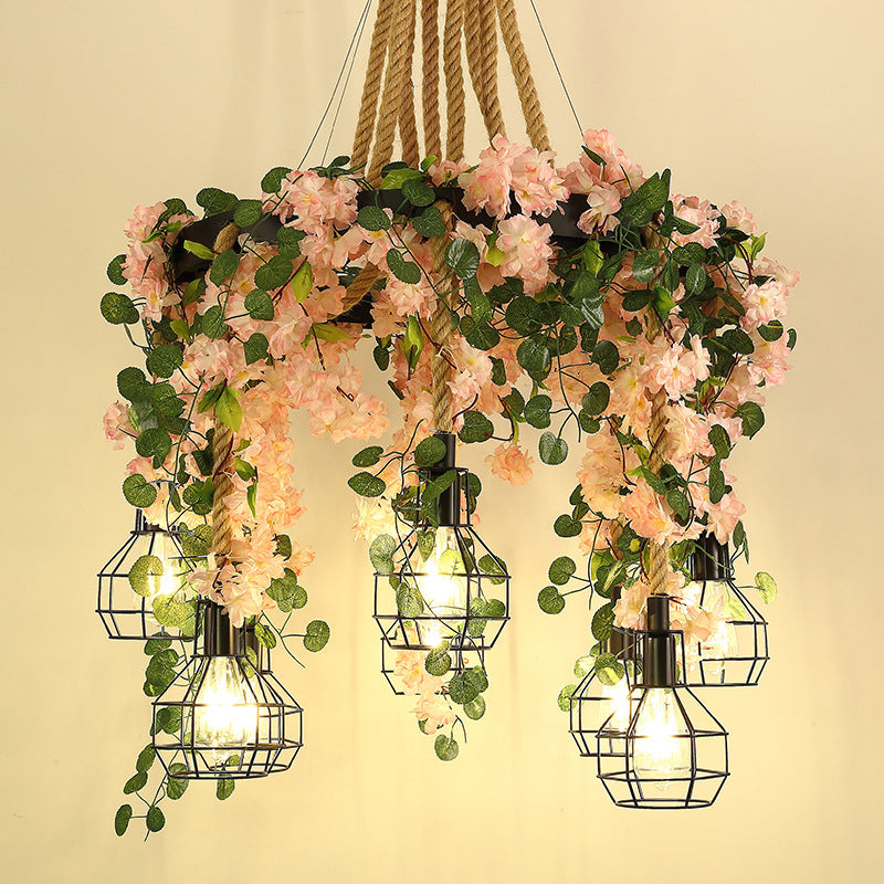 Industrial Bulb Cluster Pendant Light 8 Bulbs Hemp Rope LED Flower Hanging Lamp Kit in Black