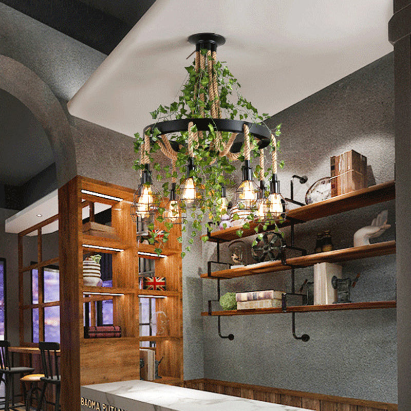 8 teste di canapa a corda a sospensione industriale Black Brack Bare Bulb Restaurant LED Down All With Plant