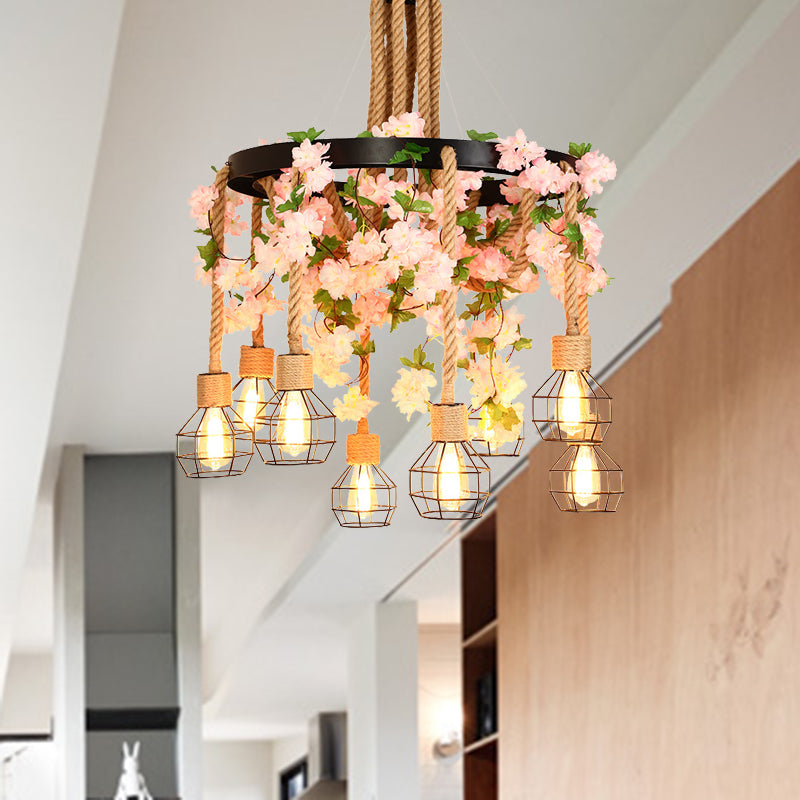 Exposed Bulb Restaurant Cluster Pendant Industrial Hemp Rope 8 Bulbs Pink/Green LED Drop Lamp with Flower/Plant