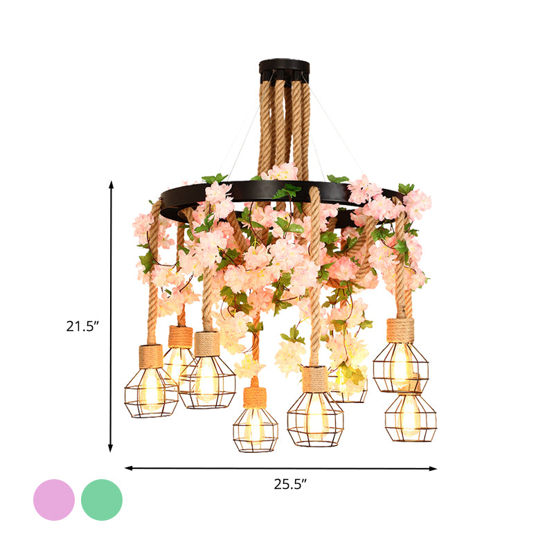 Exposed Bulb Restaurant Cluster Pendant Industrial Hemp Rope 8 Bulbs Pink/Green LED Drop Lamp with Flower/Plant