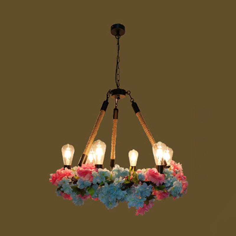 6 Bulbs Chandelier Light Industrial Exposed Bulb Metal LED Suspension Lamp in Black with Cherry Blossom