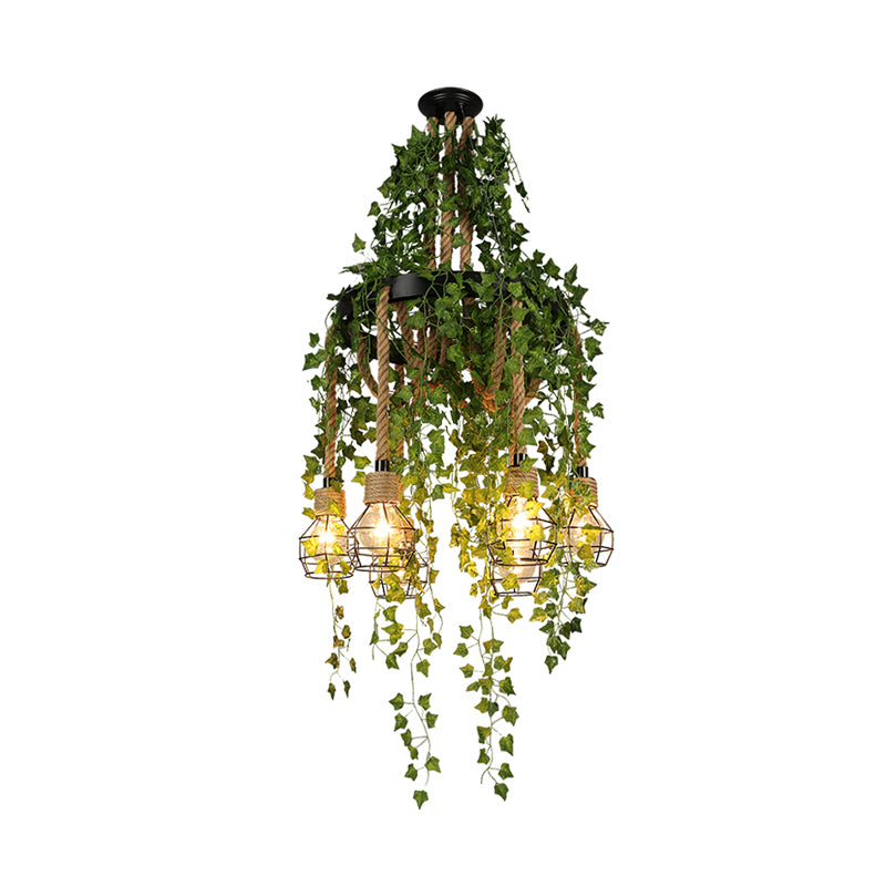 Black 6 Heads Chandelier Lamp Antique Metal Exposed Bulb LED Down Lighting Pendant with Plant Decoration