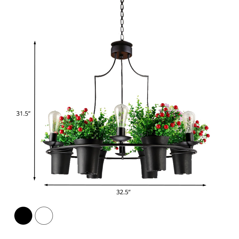 6 Lights 1/2 Tiers Chandelier Industrial Black/White Metal LED Plant Pendant Light for Restaurant