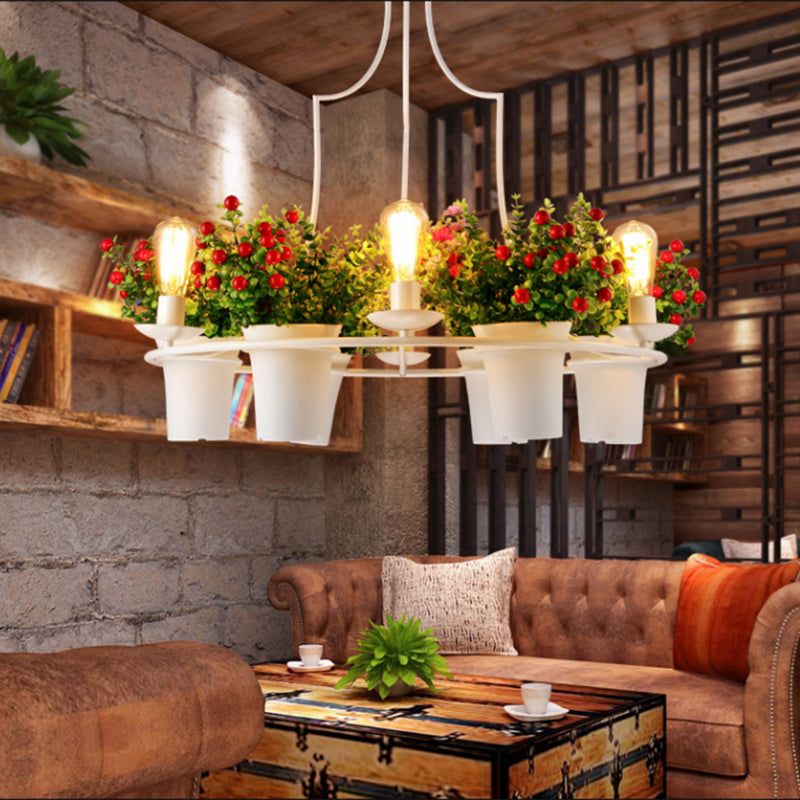 6 Lights 1/2 Tiers Chandelier Industrial Black/White Metal LED Plant Pendant Light for Restaurant