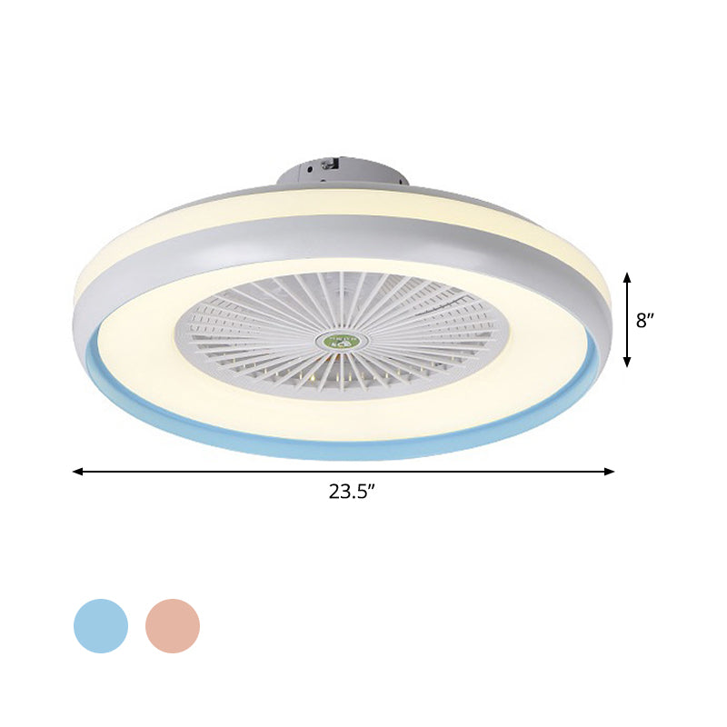 Circular Bedroom Semi Flush Lighting Kids Acrylic Pink/Blue Finish 5 Blades LED Pendant Fan Lamp, 23.5" W