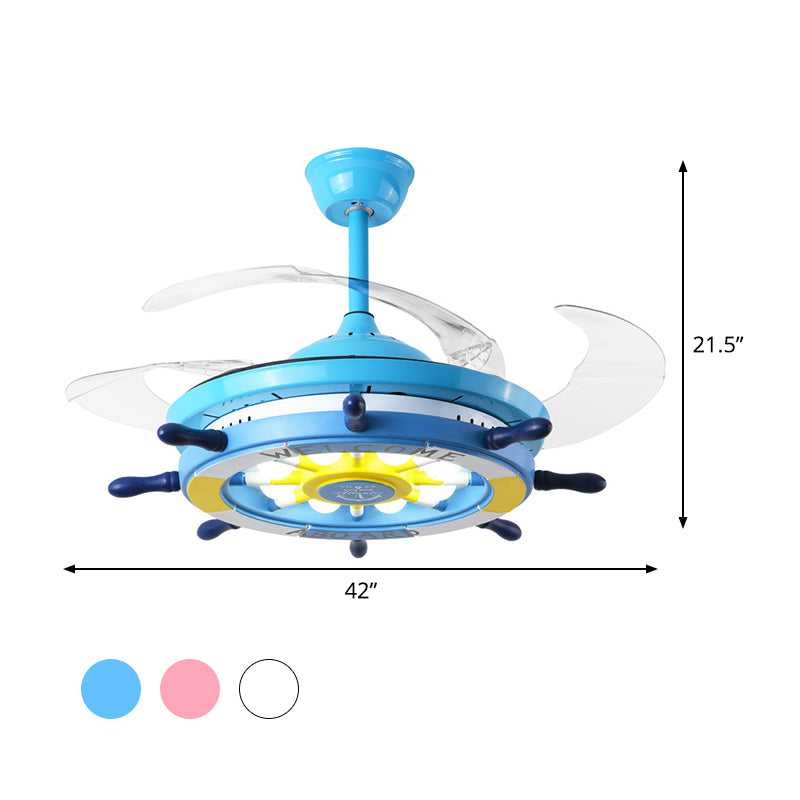 Luz de lámpara de luz de semi descarga de dormitorio de timón Acrílico rosa/azul/blanca lámpara de ventilador de techo colgante de LED con 4 cuchillas transparentes, 42 "W