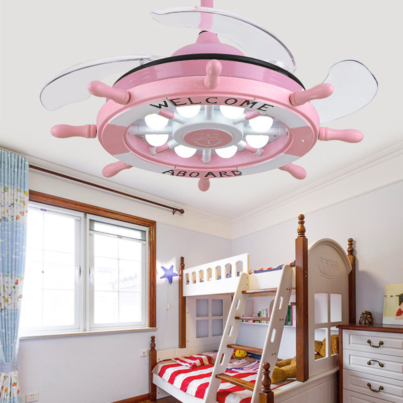 Luz de lámpara de luz de semi descarga de dormitorio de timón Acrílico rosa/azul/blanca lámpara de ventilador de techo colgante de LED con 4 cuchillas transparentes, 42 "W