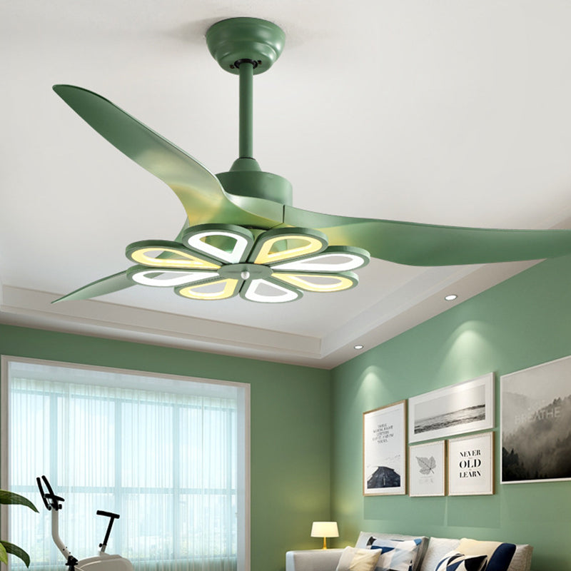 52" W Green Floral Pendant Fan Lighting Contemporary Acrylic Living Room 3 Blades LED Semi Flush Mounted Lamp