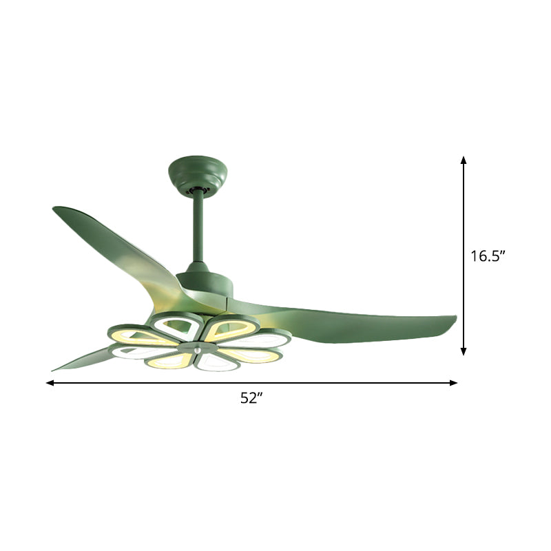 52" W Green Floral Pendant Fan Lighting Contemporary Acrylic Living Room 3 Blades LED Semi Flush Mounted Lamp