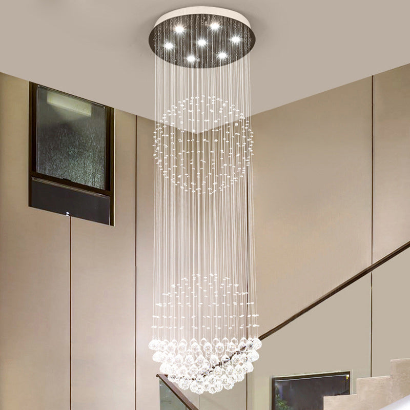 7 Heads Cascades LED Pendant Lamp Modernism White Clear Crystal Multiple Hanging Light for Stair