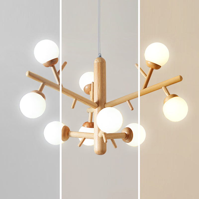 Branche en bois lustre des pendentifs multi-têtes modernes avec une teinte en verre blanche