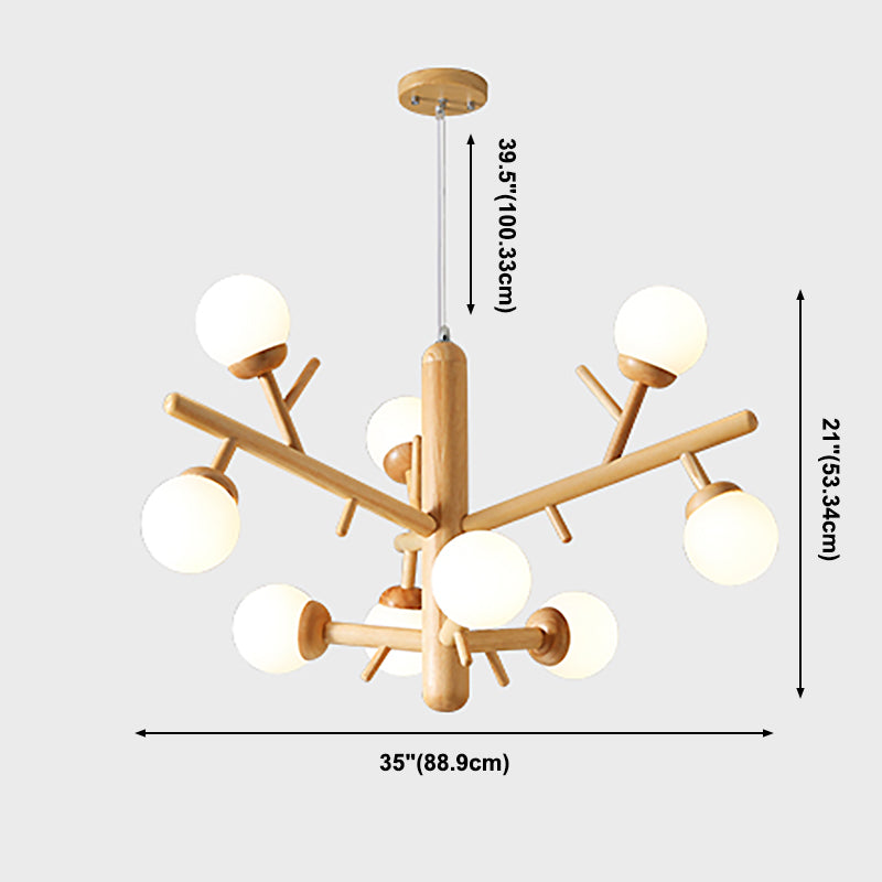 Branche en bois lustre des pendentifs multi-têtes modernes avec une teinte en verre blanche