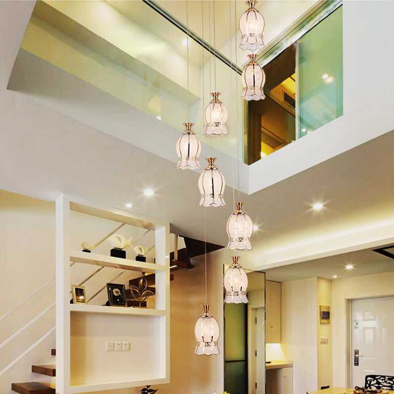 8 Lichter Blume hängende Beleuchtung Modernismus Messing strukturierte Glascluster Anhängerlampe