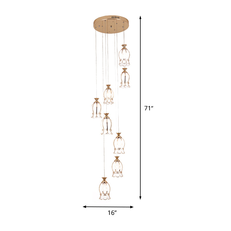 8 lichten bloem hangende verlichting modernisme messing gestructureerde glazen cluster hanger lamp