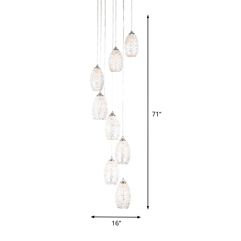 8 Bulbs Metallic Hanging Lamp Contemporary Silver Egg Shape Stair Multi Light Pendant