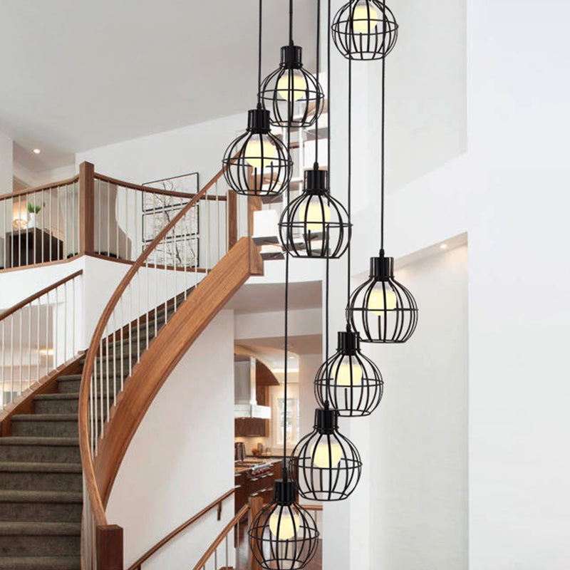 6 Bulbs Globe Cage Hanging Lighting Industrial Black Metal Multi Light Pendant with Spiral Design