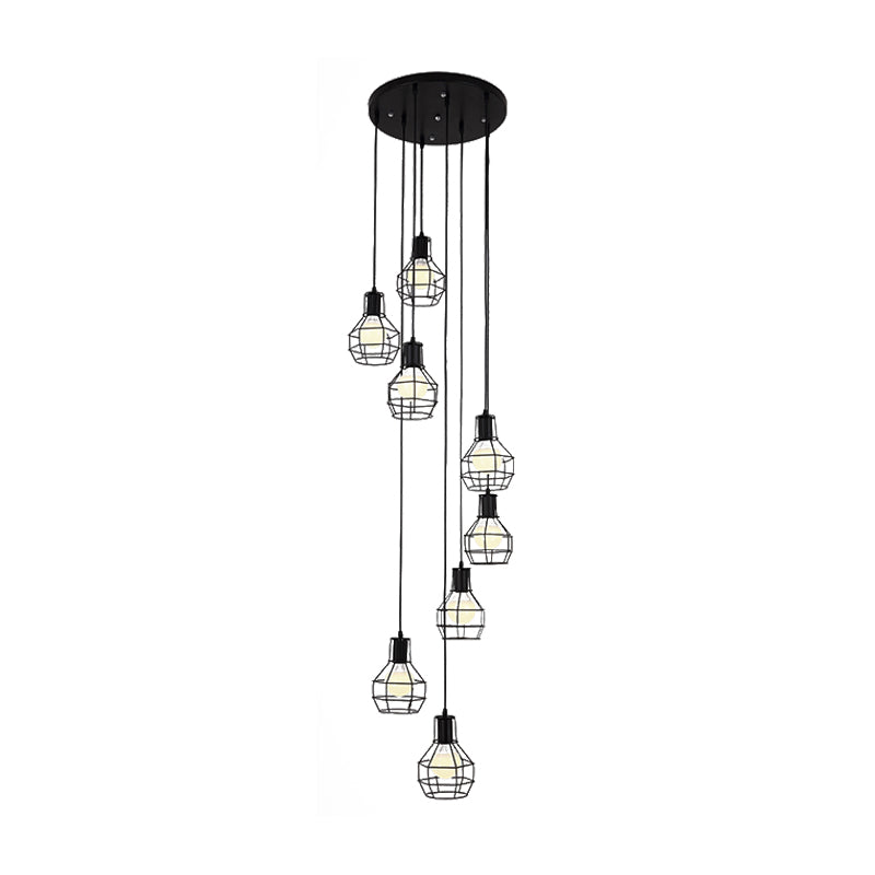 6 Bulbs Globe Cage Hanging Lighting Industrial Black Metal Multi Light Pendant with Spiral Design