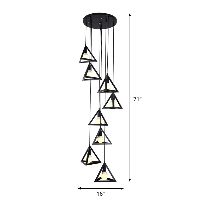 Lampe de suspension de trame triangulaire moderne 8 lumières en métal multiplié multi-suspension en noir