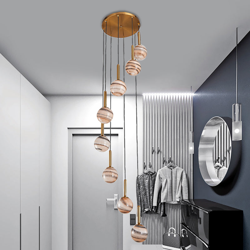 8 Lights Ball Hanging Ceiling Lamp Modern Brown Jupiter Glass Cluster Pendant with Spiral Design