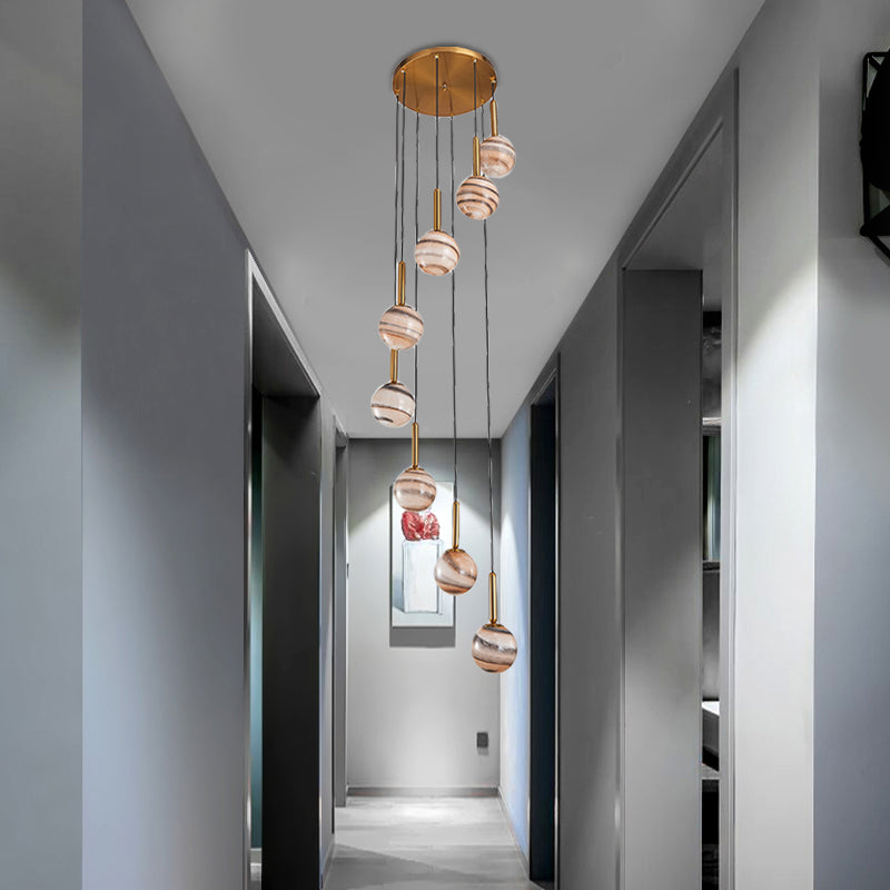 8 lumières Ball suspendu le plafond moderne brun jupiter en verre pendentif en cluster avec conception en spirale