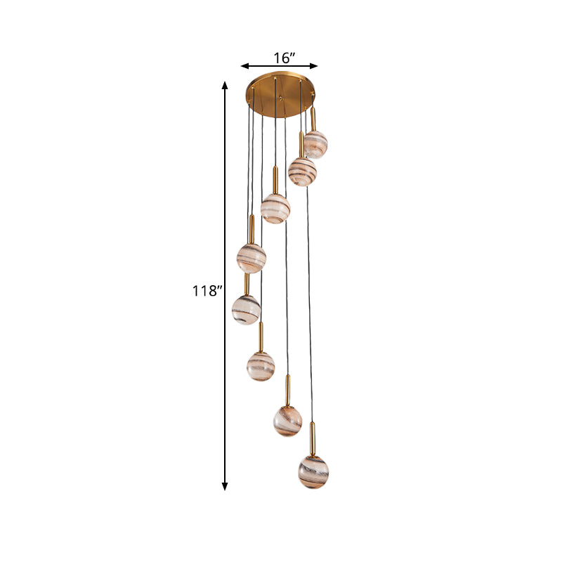 8 Lights Ball Hanging Ceiling Lamp Modern Brown Jupiter Glass Cluster Pendant with Spiral Design