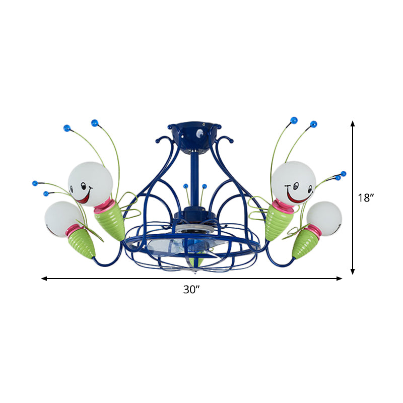 Luminaire de ventilateur de suspension radiale moderne 5 têtes Métalliques 3 lames semi-flush lampe en bleu pour chambre à coucher, 30 "de large