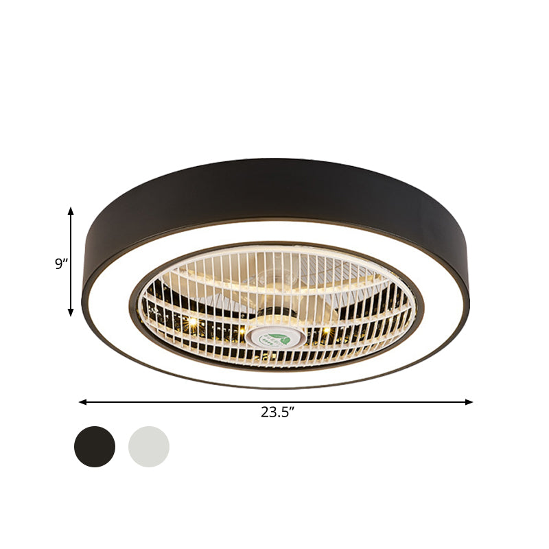 23.5" W LED Drum Fan Light Fixture Minimalist White/Black Finish Metallic 6 Blades Semi Flush Mounted Lamp for Bedroom