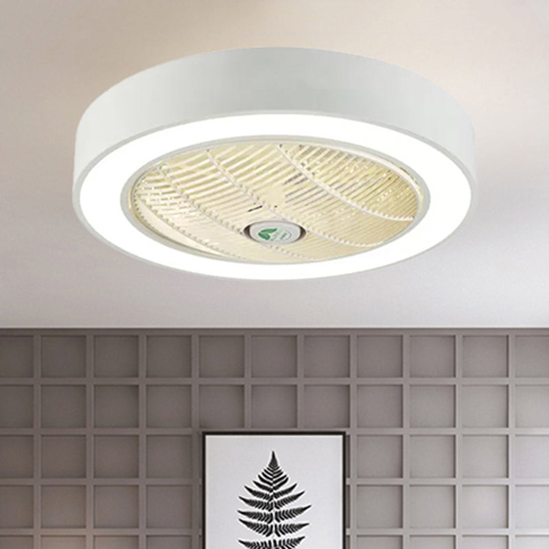 23.5" W LED Drum Fan Light Fixture Minimalist White/Black Finish Metallic 6 Blades Semi Flush Mounted Lamp for Bedroom