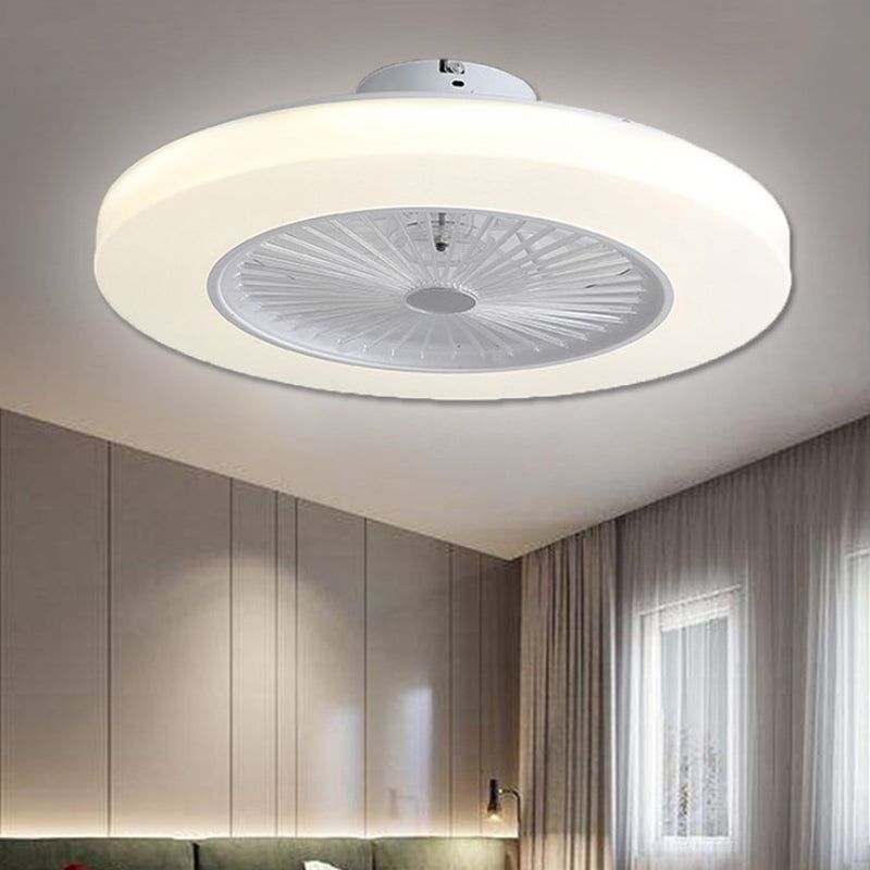 Modern Circle Semi Flush Mounted Lamp LED Acrylic Shade Hanging Ceiling Fan Light in White with 6 Clear Blades, 23" W