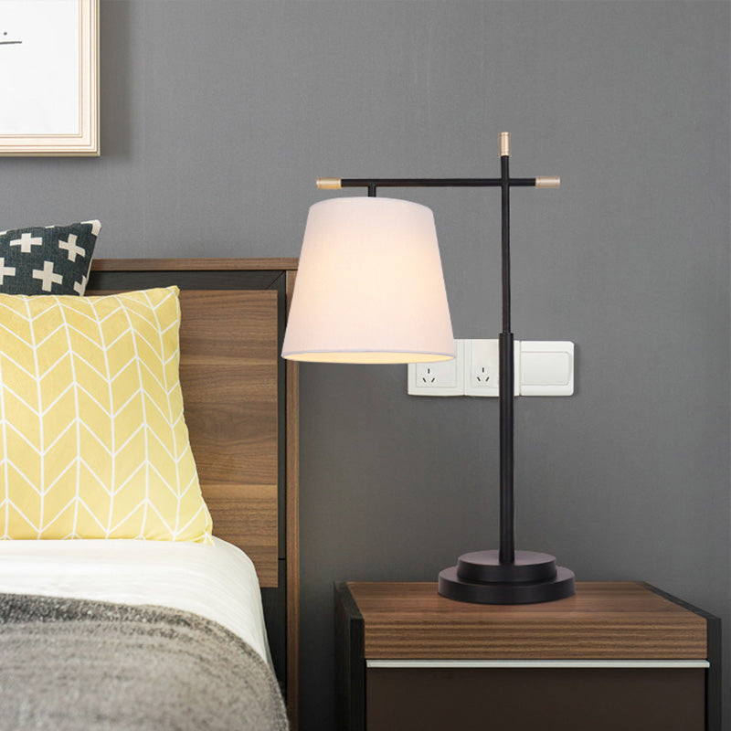 1 Head Bedroom Table Light Modern Black Nightstand Lamp with Tapered Fabric Shade