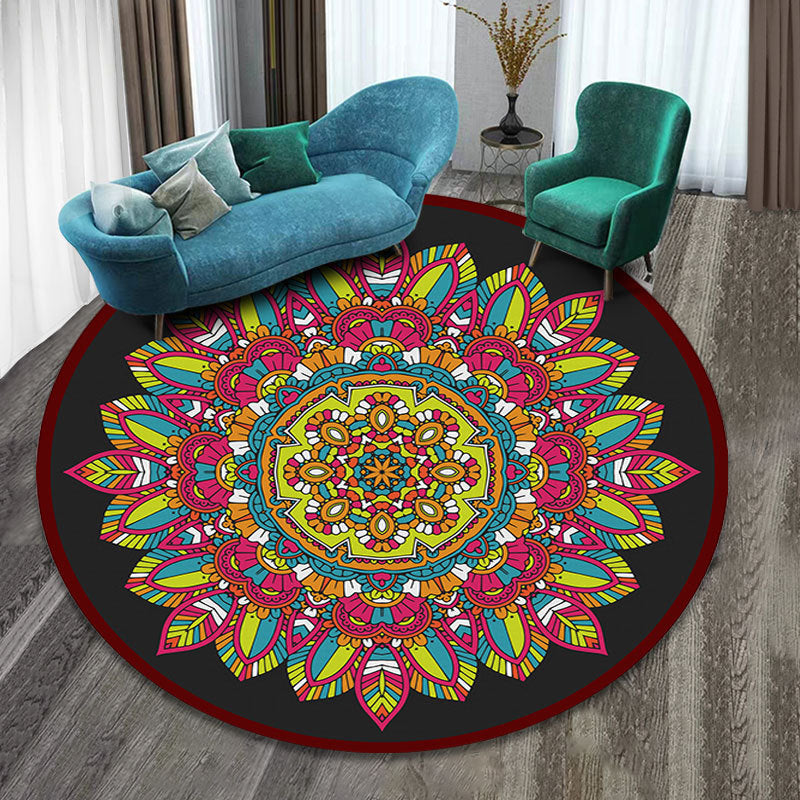 Round Paisley Pattern Rug Polyester Traditional Carpet Non-Slip Backing Indoor Rug for Living Room