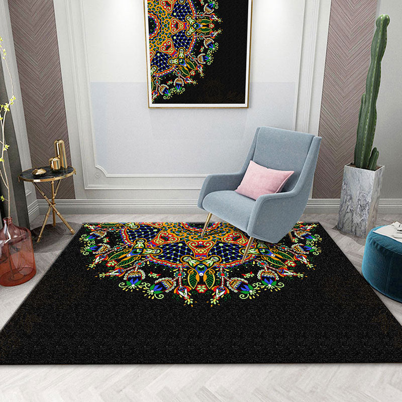 Schwarzer Marokko -Teppich Antiquitätenmuster Polyester Fläche Teppich Fleckenfest -Widerstandsteppich für Wohnkultur