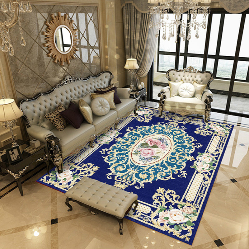 Traditional Flowers Pattern Rug Polyester Indoor Rug Non-Slip Backing Area Carpet for Living Room