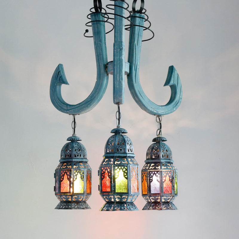 3 luci lampadario a pendente lanterna lampadario mediterraneo blu lampada sospesa con asta di gancio di legno