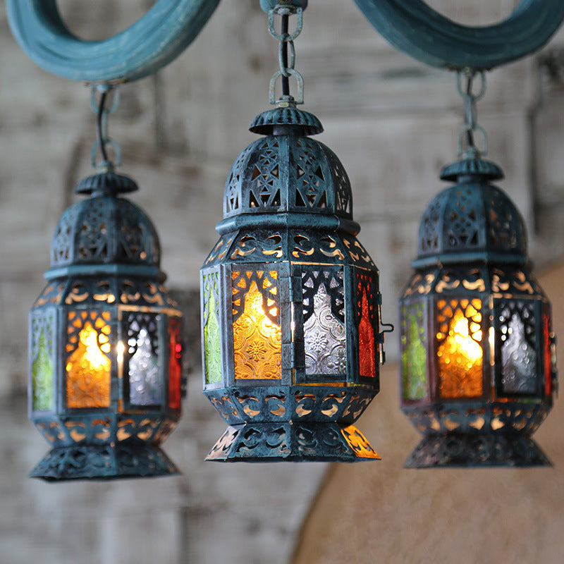 3 lumières Lantern Pendant lustre Méditerranéen Blue Metal suspendu lampe avec tige de crochet en bois