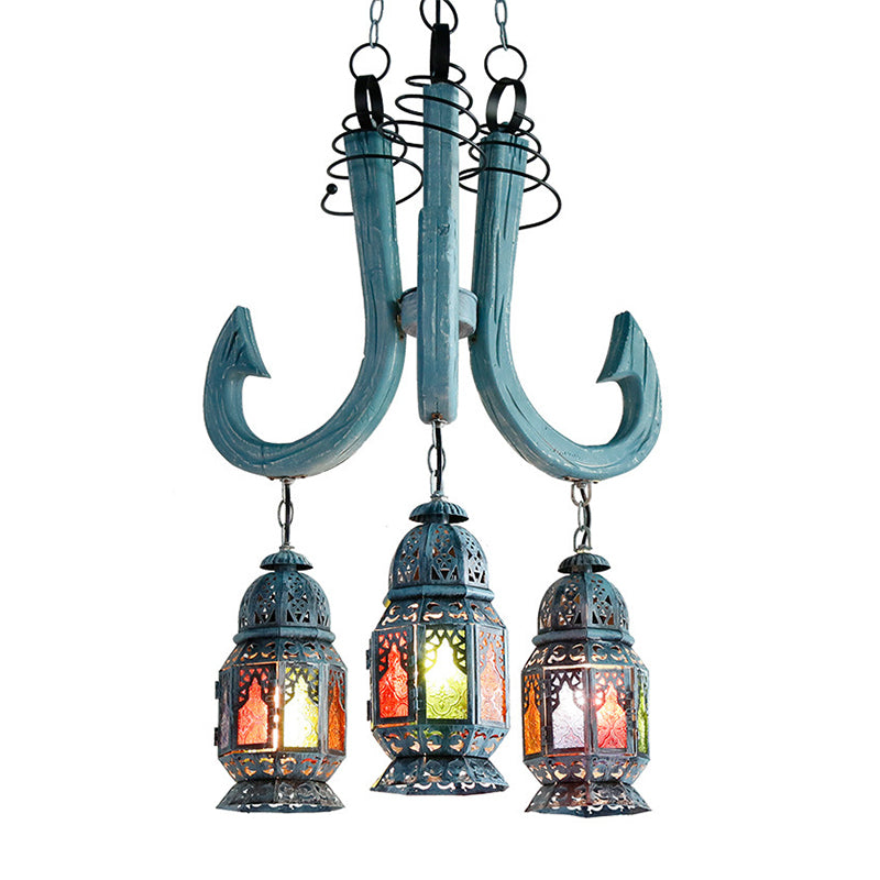 3 lichten lantaarn hanger kroonluchter mediterrane blauwe metalen hangende lamp met houten haakstaaf
