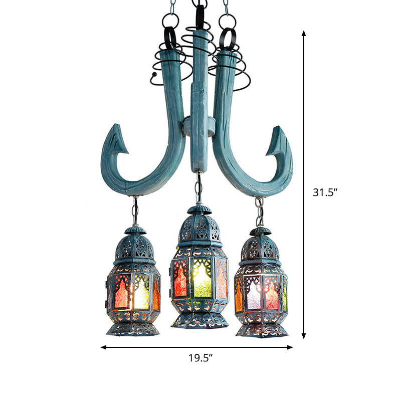 3 lumières Lantern Pendant lustre Méditerranéen Blue Metal suspendu lampe avec tige de crochet en bois