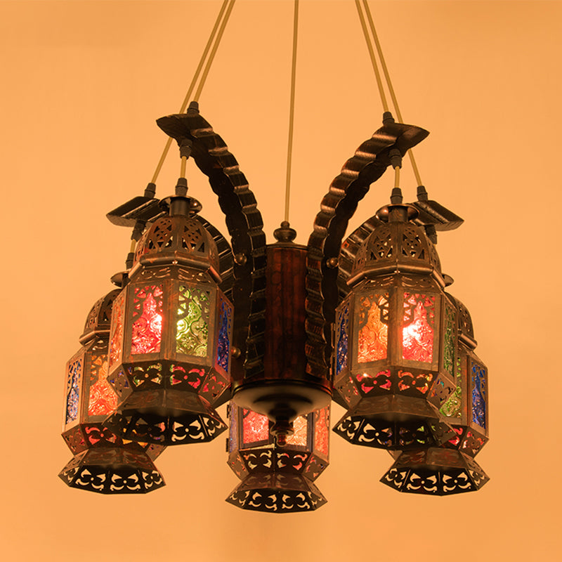 Lantern Metallic Kronleuchter Anhängerlampe Vintage 5 Lampenrestaurant Hängende Leuchte in Kupfer