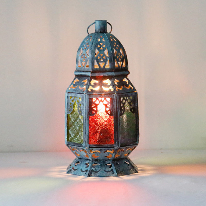 Antiqued Candlestick Desk Light 1 Head Metal Night Table Lamp in Blue with Textured Glass Shade