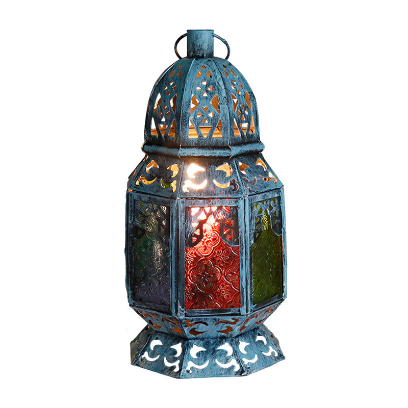 Antiqued Candlestick Desk Light 1 Head Metal Night Table Lamp in Blue with Textured Glass Shade