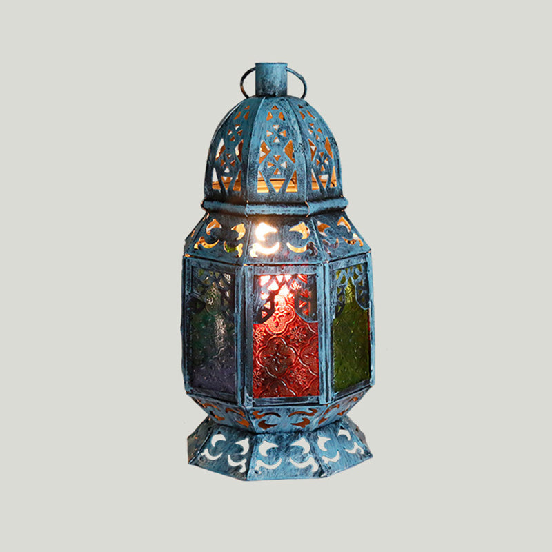 Antiqued Candlestick Desk Light 1 Head Metal Night Table Lamp in Blue with Textured Glass Shade