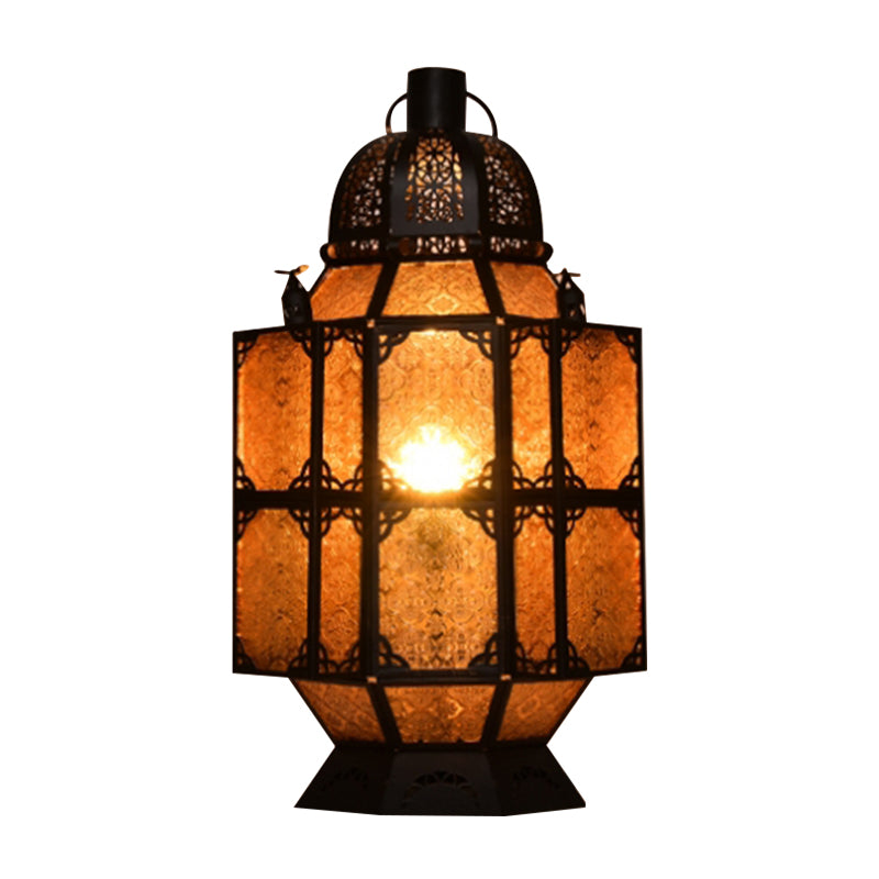 Rust 1-Bulb Task Lighting Art Deco Amber Textured Glass Lantern Nightstand Lamp for Bar