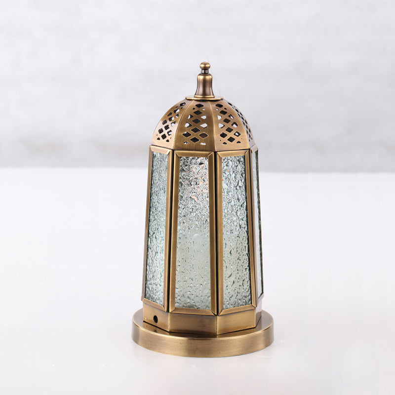 Antiqued Tower Desk Lighting 1 Head Clear Pebbled Glass Night Table Lamp in Brass