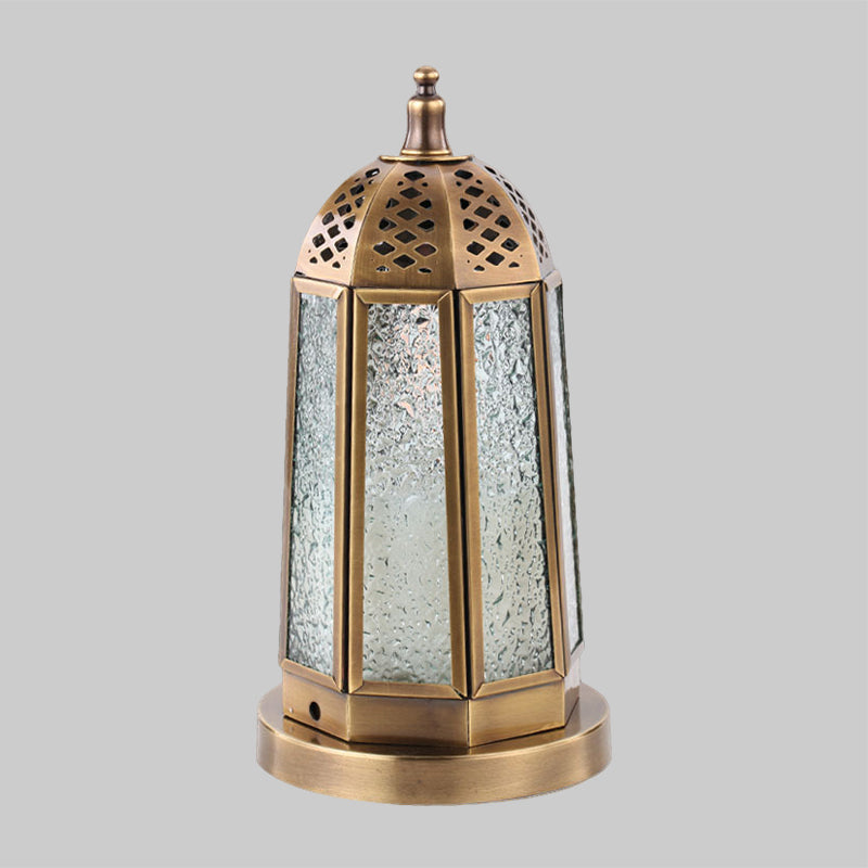 Antiqued Tower Desk Lighting 1 Head Clear Pebbled Glass Night Table Lamp in Brass