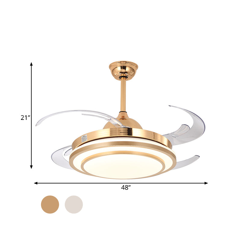 Lámpara de iluminación de semi descarga de acrílico circular 48 "Lámpara de ventilador de techo colgante de dormitorio LED de ancho en blanco/oro, 4 cuchillas