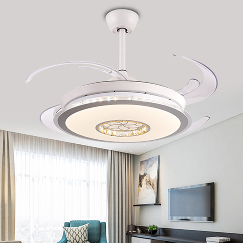 48" W LED Circle Semi Flush Lighting Modernism White Acrylic 4 Clear Blades Ceiling Pendant Fan Lamp for Bedroom